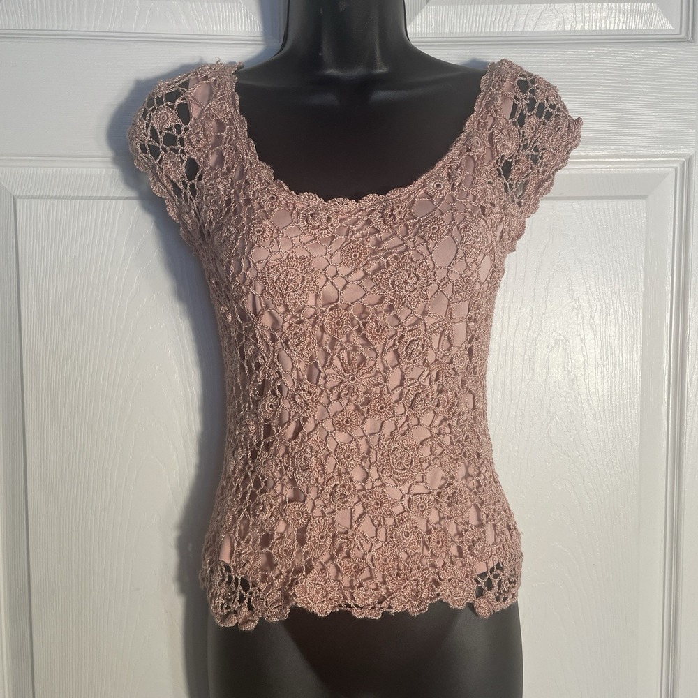 Vintage Newport News Crochet Shirt Women S‎ Pink Y2K Lined Coquette Pullover Top
